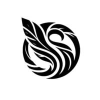 A minimalist black and white circular featuring stylized featherlike elements, creating a sense of elegance and fluidity. vector