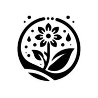 Minimalist Black and White Floral Illustration A stylized flower within a circle, droplets and dots embellishing a simple, natureinspired design. vector