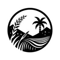 Monochromatic circular emblem depicting a serene landscape with a palm tree, fields, and flora under a crescent moon. vector
