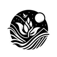 A stylized circular of a blossoming plant in a night landscape, featuring a dove, moon, stars, and flowing lines, creating a serene monochrome aesthetic. vector
