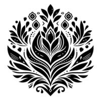 Intricate Floral Mandala in Black and White A symmetrical featuring a central stylized flower, surrounded by leaves and geometric elements, creating a harmonious and elegant composition. vector