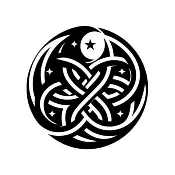 Intricate Celtic Knot with Moon and Star Elements Enclosed in a Circle, Featuring Interwoven Lines. vector