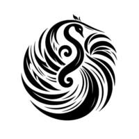 Elegant Black and White Phoenix Silhouette, Depicting Grace and Symbolism in a Circular Composition with a Leaf Detail on a White Backdrop. vector