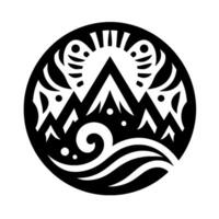 Symbolic Black and White Mountain and Water Scene with Sun within a Circle, Resembling Tribal or Modern Art. vector