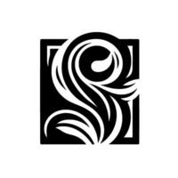 A bold, symmetrical black and white featuring a stylized, swirling botanical motif contained within a framed, textured square. vector