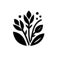 A stylized, minimalist botanical illustration featuring a symmetrical arrangement of black leaves, stems, and dots on a white background. vector