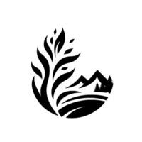 Stylized black and white nature emblem featuring a treelike element on the left, and mountains with pine trees on the right, contained within a rounded shape. vector