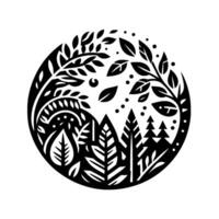 A black and white circular illustration of a stylized forest scene featuring trees, leaves, and dots. vector