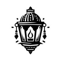 Intricate black and white Islamic lantern silhouette, adorned with a domed top, stylized flame, and decorative elements, creating a symmetrical composition evoking tradition and elegance. vector