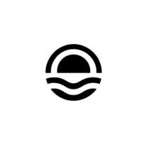 Abstract, minimalist featuring a stylized sunset or sunrise above stylized ocean waves, rendered in bold black on a white background. vector