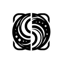 Abstract Black and White Symmetry A stylized cosmic featuring swirling patterns, celestial elements, and a balanced composition, resembling a celestial body. vector