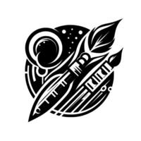 Black and white artistic emblem featuring a stylized paint brush, pen, leaf, and celestial elements within a circular composition. vector