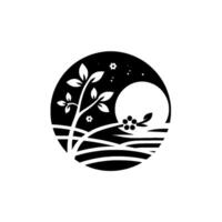 Silhouette of a stylized tree with leaves and berries set against a moonlit night within a circle. vector