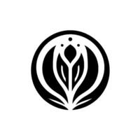 Elegant Black and White Floral Emblem a stylized floral encapsulated within a perfect circular frame, featuring symmetrical petals, leaves, and delicate accent dots, representing balance and n vector