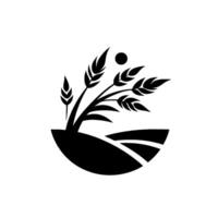 Stylized black and white agricultural featuring wheat stalks growing from a stylized field, with a sun symbol overhead. vector