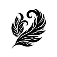 Intricate black and white feather with stylized leaves and curved elements, evoking elegance and detail. vector