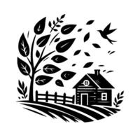 Serene Black and White Cutout Depicting a Rustic Cottage Beside a Tree, with Leaves Blowing in the Wind, a Fence, and a Soaring Bird, Radiating Peaceful Simplicity. vector