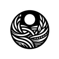 Abstract Black and White Composition Featuring Woven Lines, Foliage, a Circular Cutout and a White Circle, All Contained Within an Orblike Shape vector