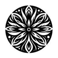 Intricate Black and White Mandala Design, Featuring Symmetrical Floral Pattern with Curved Lines and Dot Accents, Set Against a Clean White Background. vector