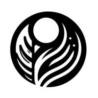 A stylized, abstract emblem within a circle, featuring a white circle element and organic, flowing black shapes against a clean white background. vector