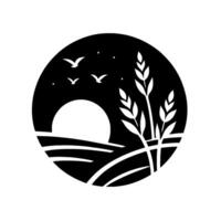 A serene black and white circular silhouette depicting a sunset over a field of wheat and soaring birds. vector