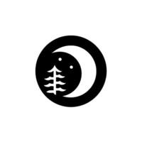 Symbolic Black and White Circular Illustration A Crescent Moon, Pine Tree, and Stars within a Dark Circle, Evoking Nature and Night vector