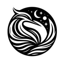 Silhouette of a swan nestled under a starry night sky, enclosed within a circular frame, creating a sense of serenity and elegance. vector