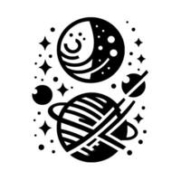 Playful Black and White Space Illustration Featuring Smiling Planets, Stars, and Geometric Elements on a Clean White Background. vector