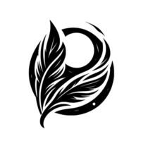 A symmetrical, stylized black and white illustration of feathers elegantly placed within a ring, creating a captivating, organic design. vector