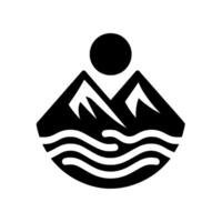 Symbolic Black and White Illustration Mountain Peaks, Sun, and Wavy Water Form a Harmonious Nature Scene, Abstracting Landscape Elements. vector
