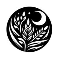 A stark, circular emblem features stylized white botanical forms leaves, wheat, and stems, set against a black field, with a crescent moon and dots suggesting a celestial backdrop. vector
