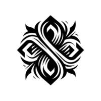 Symmetrical Black and White Floral Emblem A Geometric Floral Pattern Featuring Spiraling Lines and Leafy Elements, Centered on a White Background. vector
