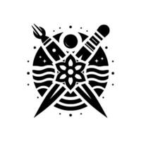 Symbolic Black and White Composition with Crossed Tools, Floral Centerpiece, Circular Design, and Celestial Elements. vector