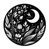 A celestial floral illustration depicting a crescent moon, a bird in flight, and various stylized botanical elements within a circular frame, presented in a contrasting black and white aesthetic. vector