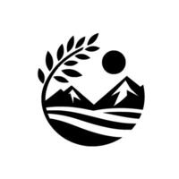A serene, minimalist nature scene Mountain silhouette, sun, wheat sprig, and fields arranged in a circular emblem against a white backdrop. vector