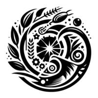 Intricate Black and White Circular Design A Fusion of Nature, Gears, and Geometric Elements, with a touch of surrealism. vector