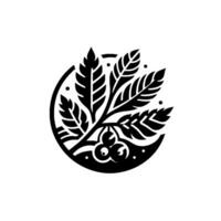 A stylized monochrome illustration of a leafy branch bearing berries, enclosed within a circle and crescent, presented on a clean white background. vector