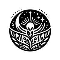 Celestial Emblem of Growth A symmetrical black and white featuring a central sun, moon, stars, and stylized foliage within a circular frame, evoking harmony and natural cycles. vector