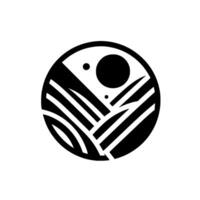 Geometric Landscape A stylized, circular black and white featuring fields, sun, and celestial elements, evoking a sense of harmony and simplicity. vector