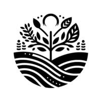 A stylized, symmetrical illustration of a growing tree over rolling hills, incorporating a crescent moon and foliage in a circular design. vector