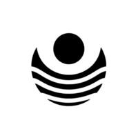 Abstract monochrome featuring a black circle atop a stylized, curved crescent shape with horizontal stripes, set against a clean white background. vector