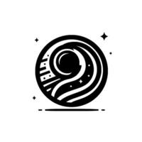 Abstract Black and White Circular Featuring Swirling Wavelike Forms, a Crescent Shape, Dots, Stars, and Minimalist Details on a White Background. vector