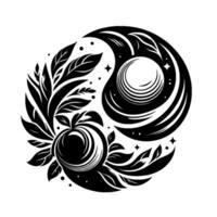 Intricate Yin Yang with Floral Celestial Elements in Black and White, Abstract Symbolism. vector