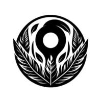 A symmetrical black and white design, featuring a central circular shape with a white sphere, surrounded by stylized feathers and foliage elements forming a decorative emblem. vector