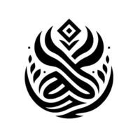 Elegant and symmetrical black and white abstract emblem featuring stylized organic and geometric elements within a circular form. vector