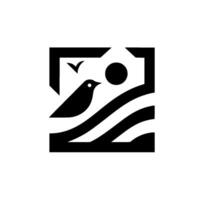 Geometric monochrome depicting a bird perched on stylized waves beneath a sun, framed by a square, evoking a sense of serenity and nature. vector