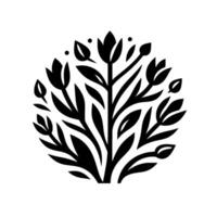 A symmetrical, minimalist, circular floral in solid black and white, featuring stylized leaves, buds, and open blossoms radiating from a central point. vector