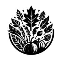 Stylized Black and White Circular Harvest Emblem Featuring Pumpkins, Leaves, Wheat, and Autumnal Elements in Minimalist Design. vector
