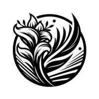 Intricate black and white floral emblem design, contained within a circular frame, featuring stylized flower and foliage motifs, with decorative accents. vector