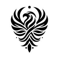 A symmetrical black and white emblem featuring a stylized phoenix with outstretched wings, geometric elements, and a minimalist aesthetic. vector